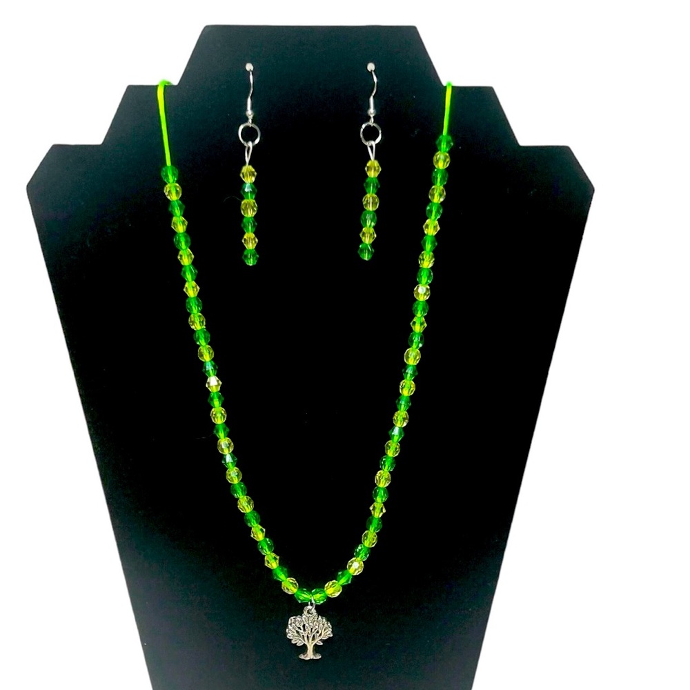 Green Tree Of Life Necklace And Earring Set